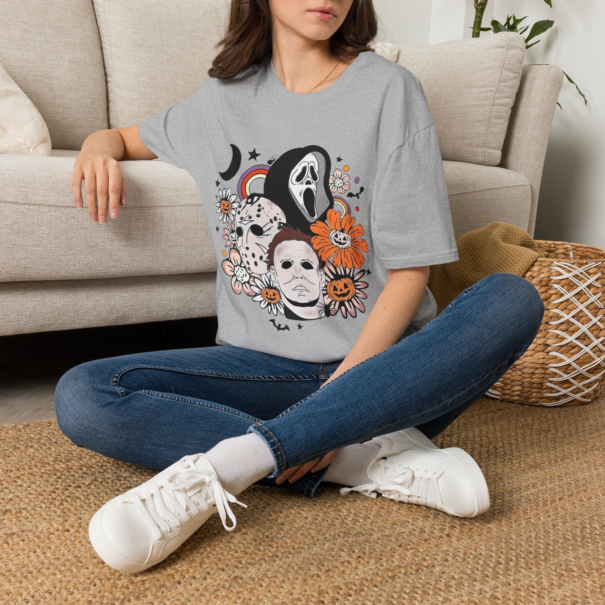 Horror Icons Floral T-Shirt — Scream & Michael Myers Retro Graphic Tee