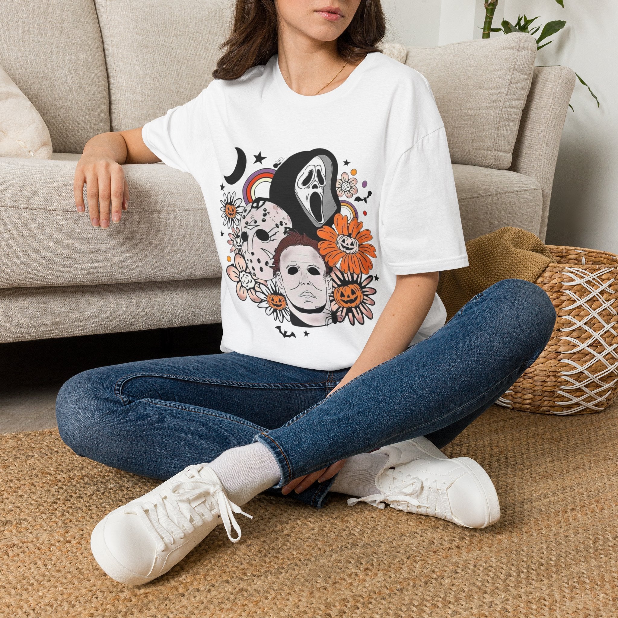 Horror Icons Floral T-Shirt — Scream & Michael Myers Retro Graphic Tee