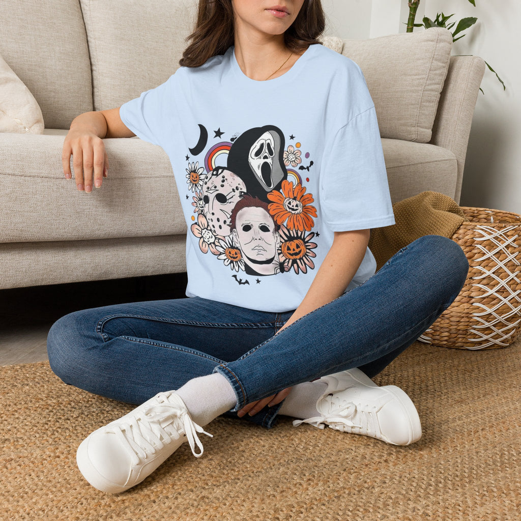 Horror Icons Floral T-Shirt — Scream & Michael Myers Retro Graphic Tee